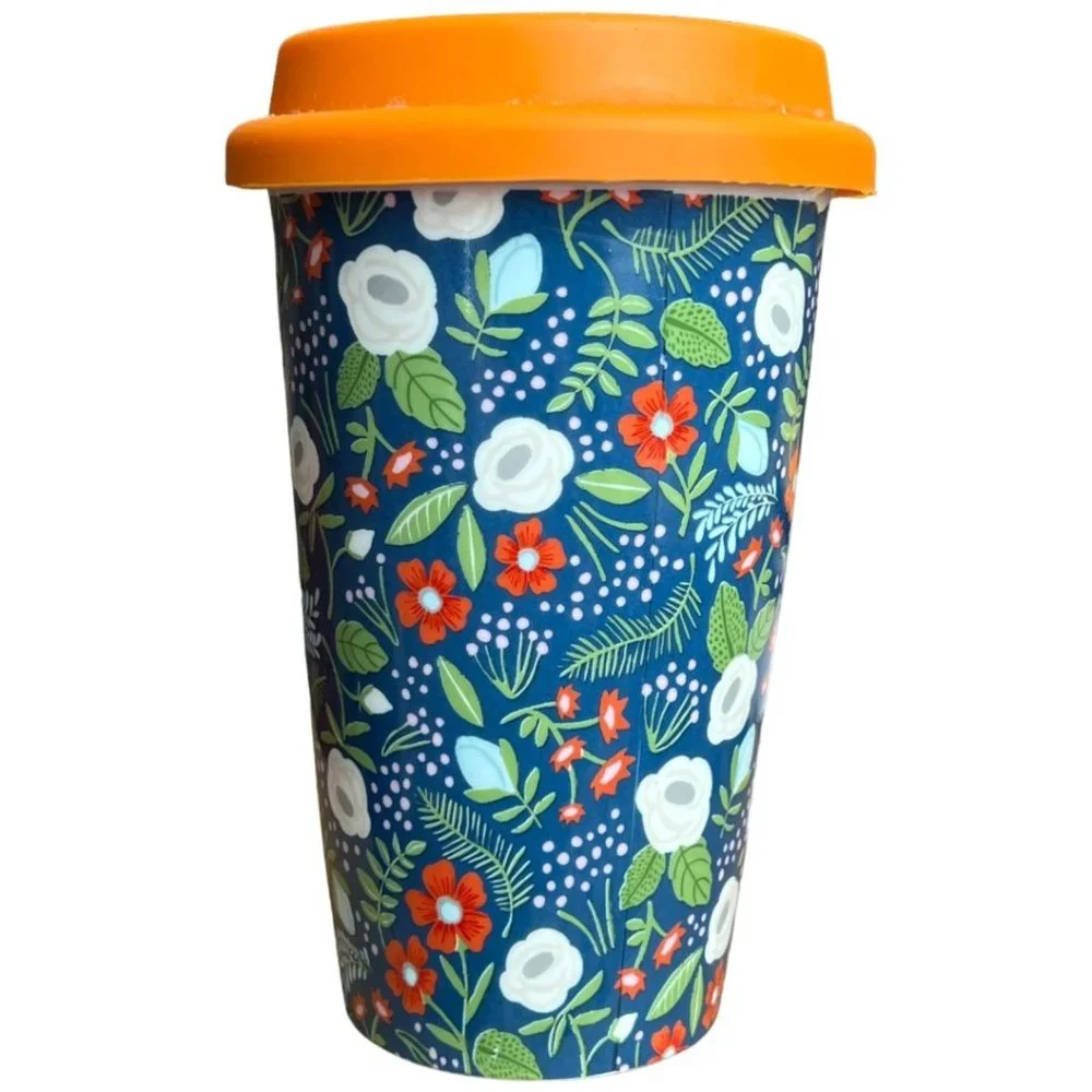 Blue Floral Double Walled Insulated Ceramic Travel Tumbler Pencil Holder READ - Picture 9 of 9